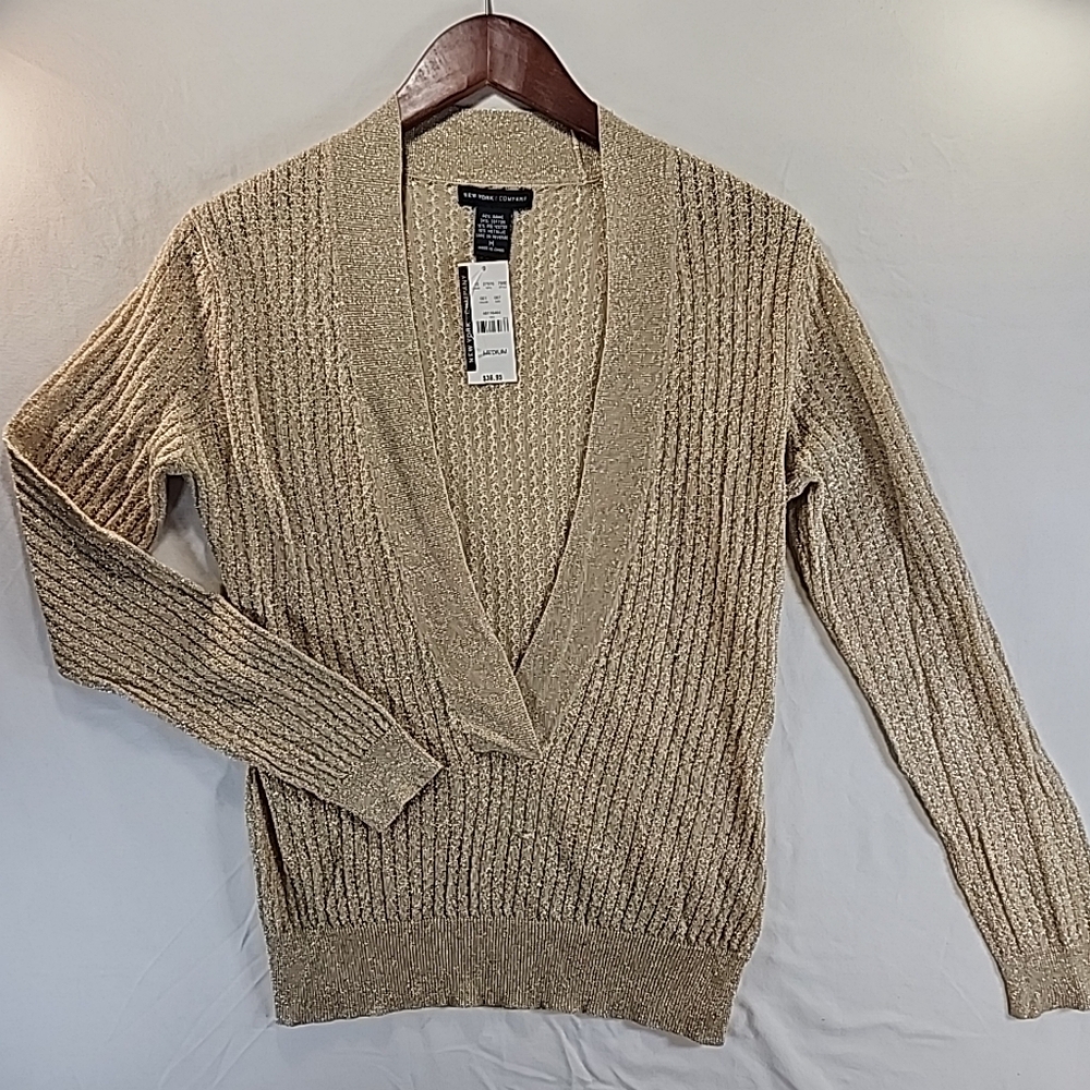 New York & Company Metallic Taupe V-Neck Sweater